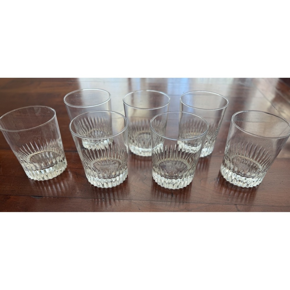 Set of 7 Vintage Cut Glass Whiskey Lowball Glasses Vertical Ribbed Rocks Tumbler